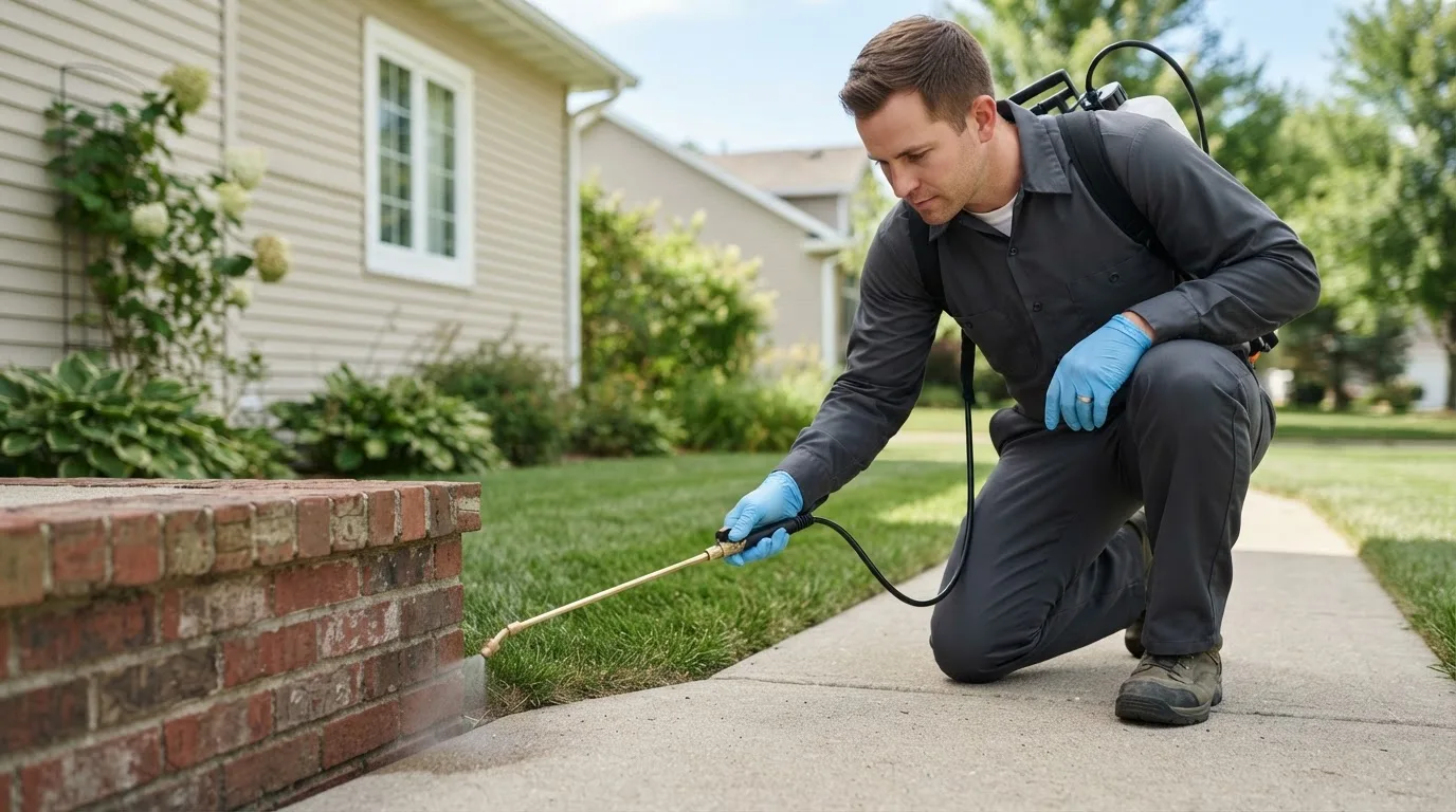 Pest control technician treating a home near Yerkes, KY
